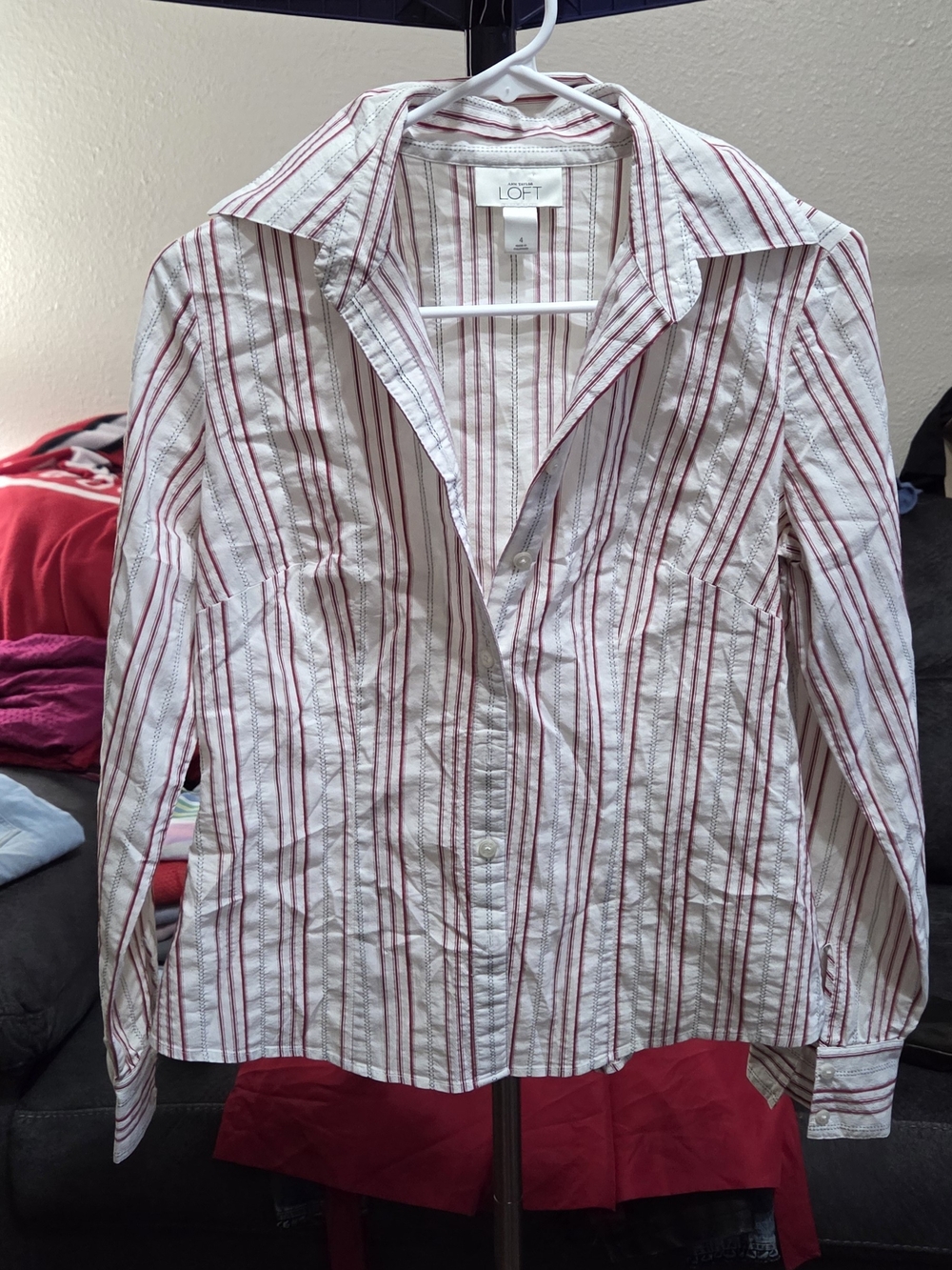 LOFT Cream Button-Down Shirt with Red Stripes